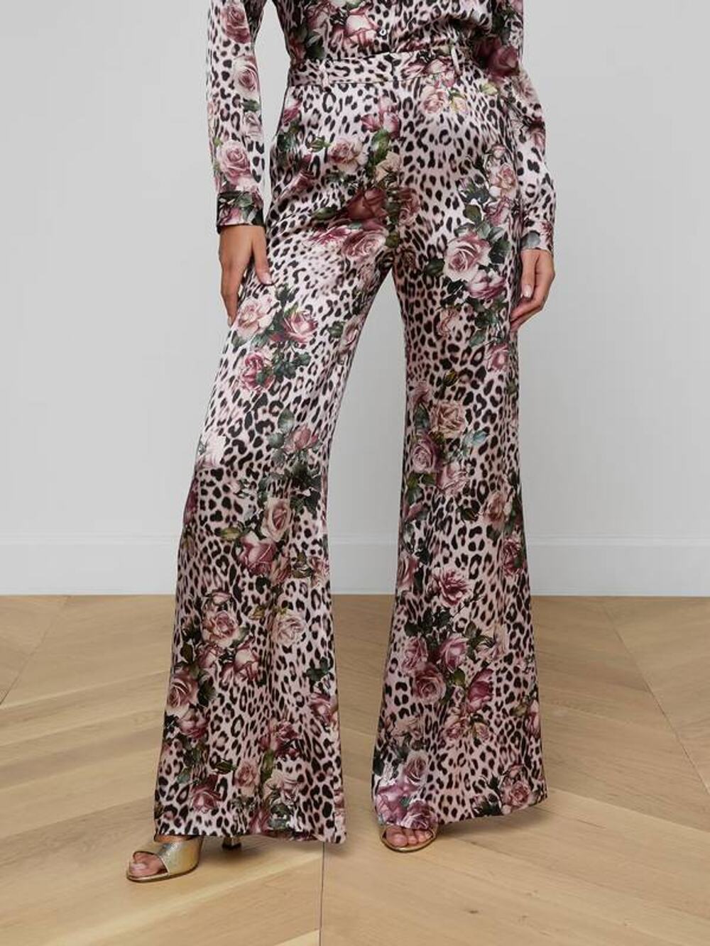 L'AGENCE Pilar Wide Leg Silk Pants in Cheetah Rose 2